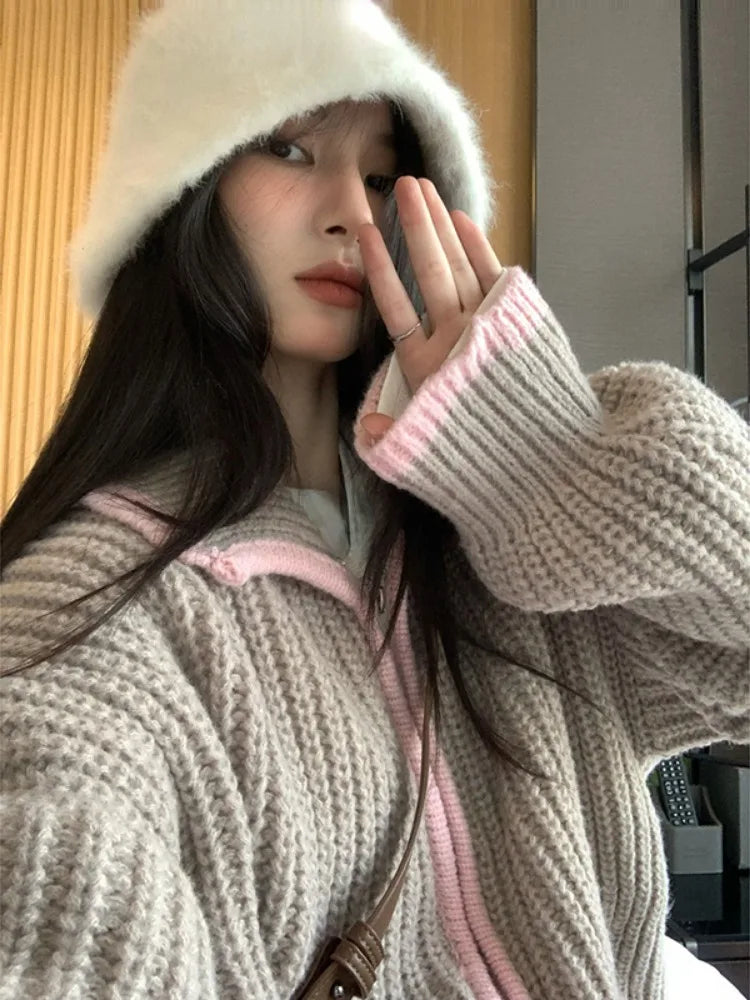 2025 Preppy Contrast Color Cardigans Women Fashion Y2k Aesthetic Loose Knitted Sweaters New Harajuku Casual Single Brested Coat