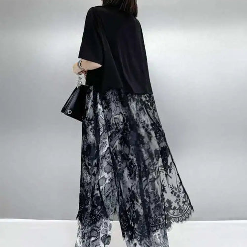 Load image into Gallery viewer, Women Black Hem Lace Perspective Big Size Midi Dress New Round Neck Short Sleeve Fashion Tide Spring Summer 2025 1DH6140
