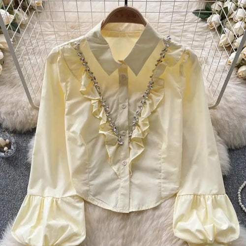 Load image into Gallery viewer, French Vintage Solid Elegant Long Sleeve Ruffle Tops Autumn Female Turn-down Collar Shirt Women Button Versatile Pleated Blouse
