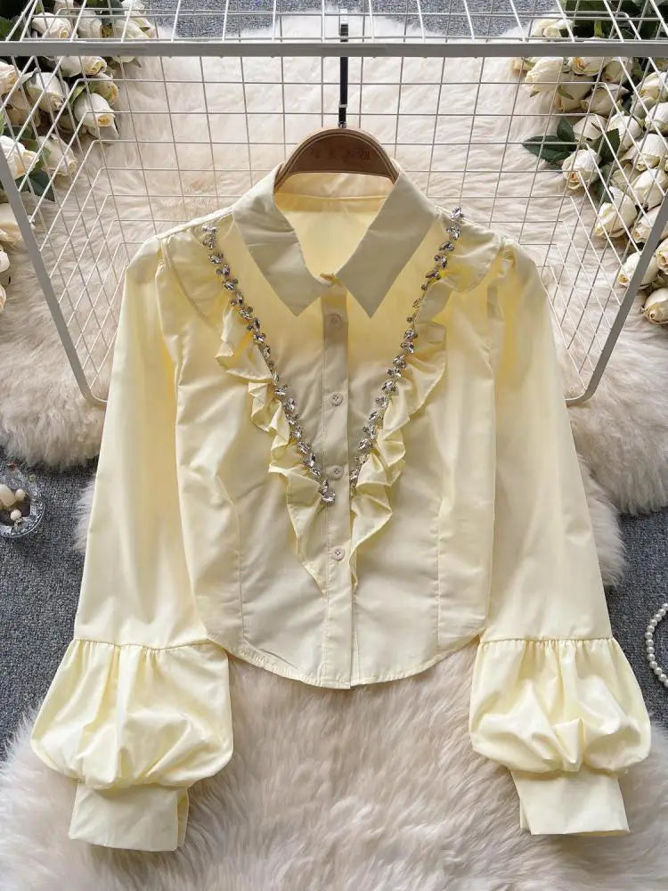 French Vintage Solid Elegant Long Sleeve Ruffle Tops Autumn Female Turn-down Collar Shirt Women Button Versatile Pleated Blouse