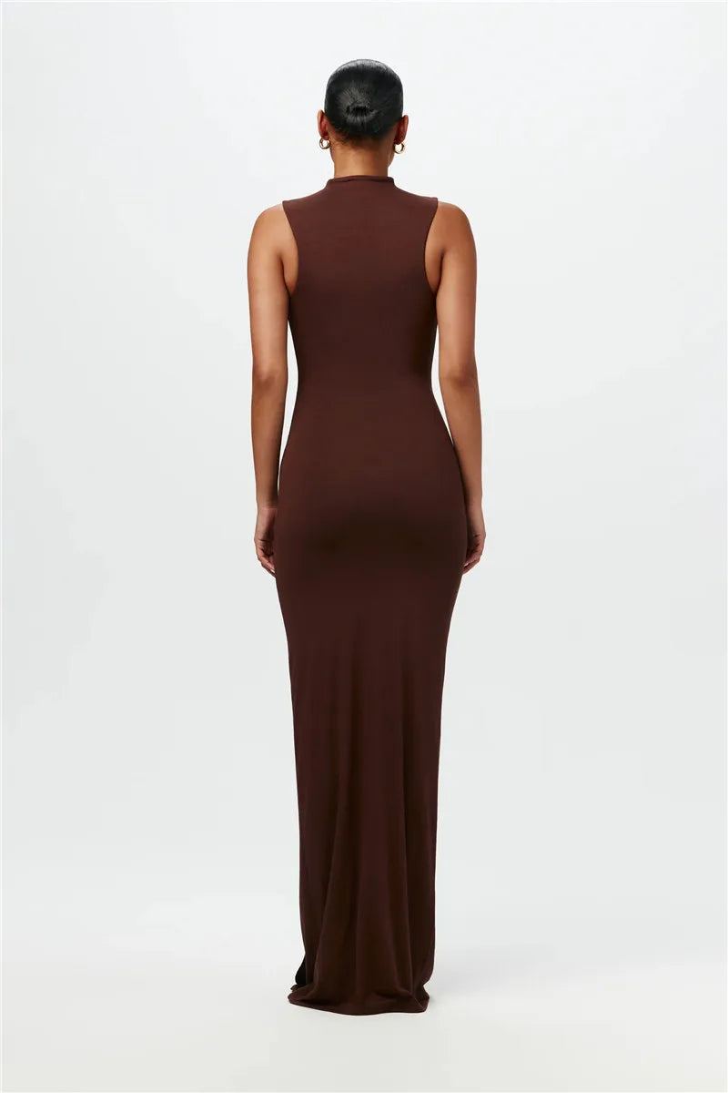 Half High Collar Irregular Tank Dress For Women 2024 New Fashion Sleeveless Bodycon Ruched Sexy Long Dress Elegant