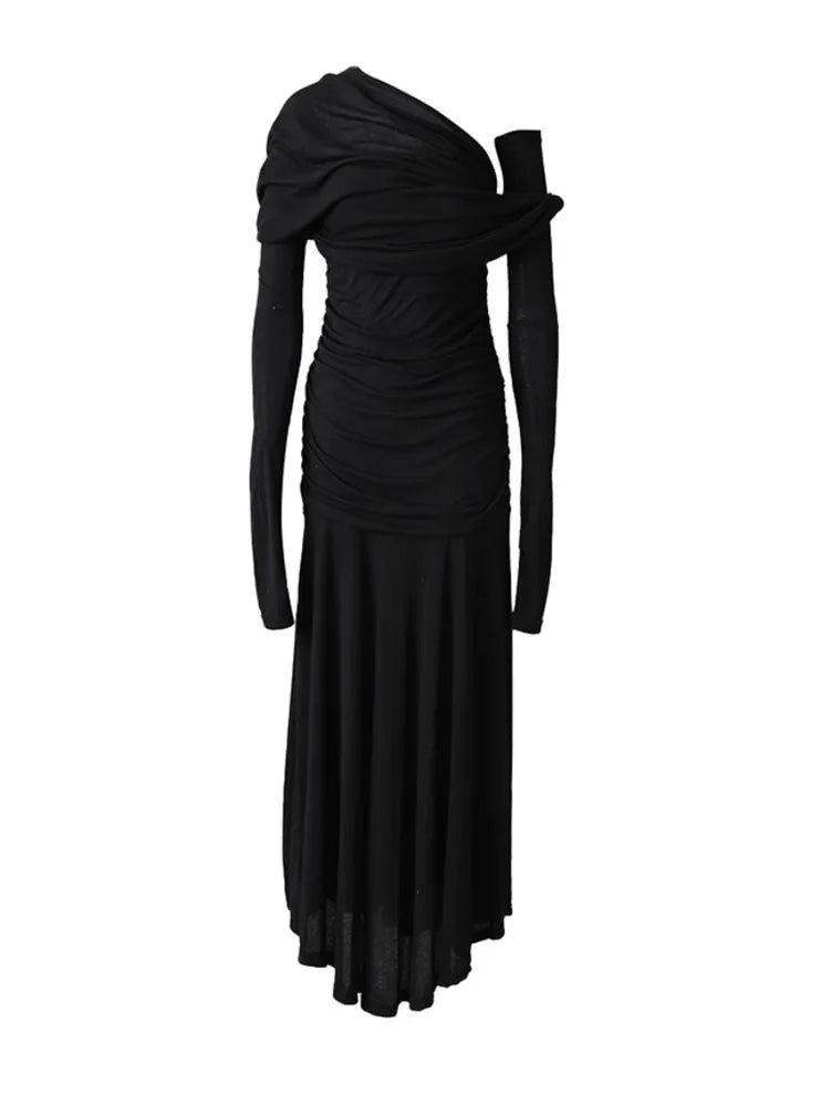 Women Black Pleated Elegant Slim Long Dress New Asymmetrical Collar Long Sleeve Fashion Tide Spring Autumn 2025 CPG2993
