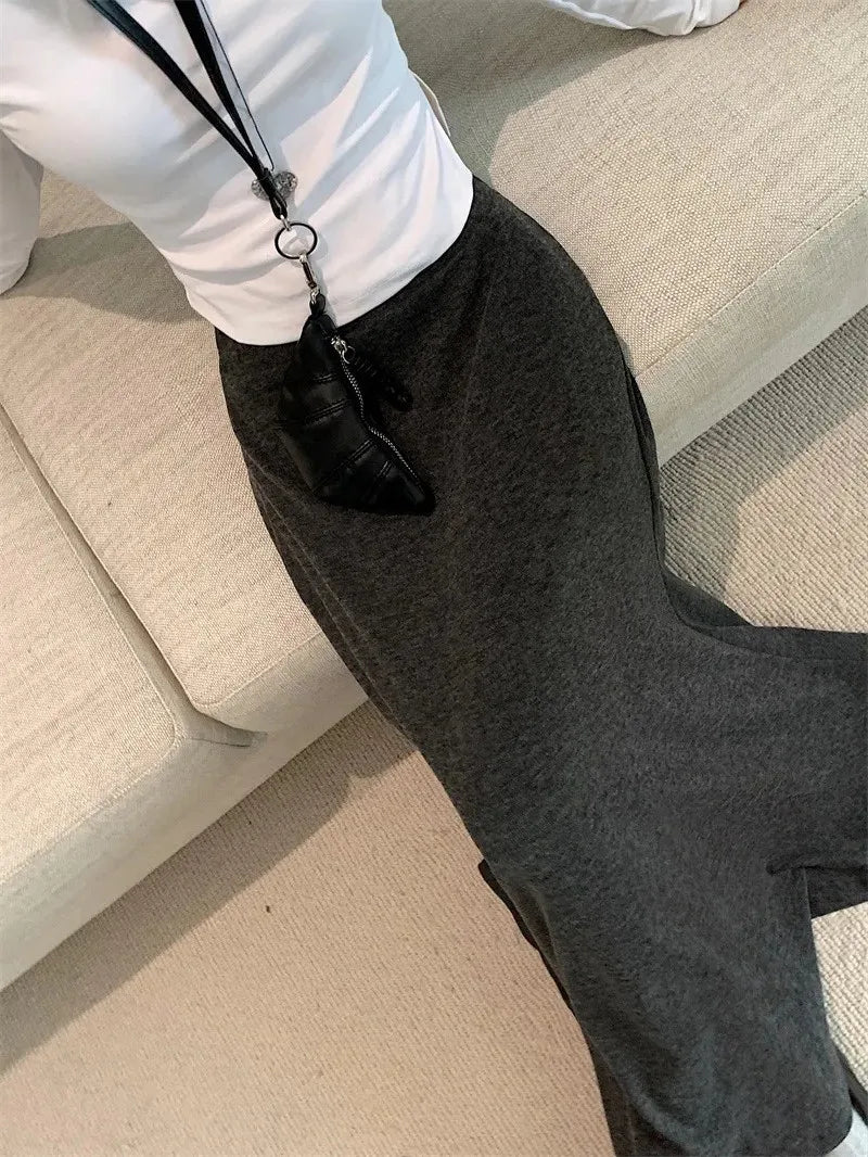 Spring Summer Korean Fashion Black Slim Vacation Long Skirt Women Grey High Waist Elegant Pleated Fishtail Skirt Simplicity Chic