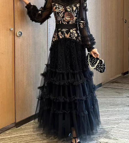 Hit Color Printing Spliced Fungus Folds American Retro Dresses for Women O Neck Long Sleeves Tunic Dress Female New