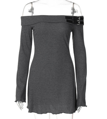 Ribbed Solid Slash Neck Long Sleeve Buttons Sexy Bodycon Mini Prom Dress Fall Women Y2K Clothes Evening Party Festival