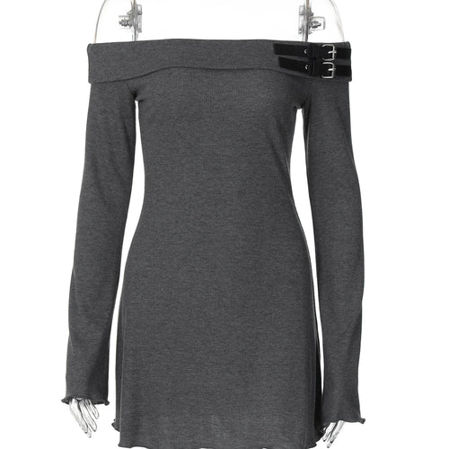 Load image into Gallery viewer, Ribbed Solid Slash Neck Long Sleeve Buttons Sexy Bodycon Mini Prom Dress Fall Women Y2K Clothes Evening Party Festival
