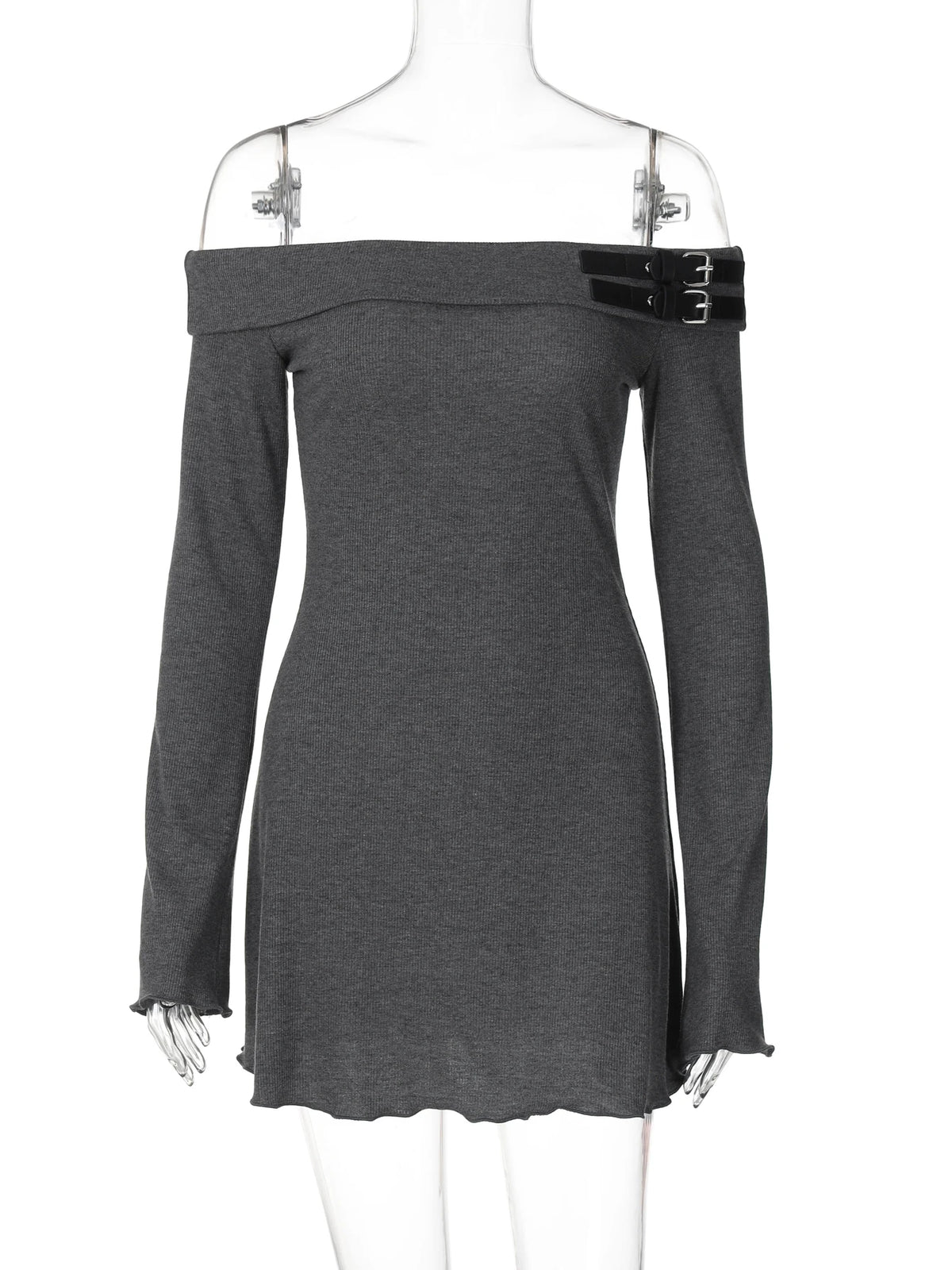 Ribbed Solid Slash Neck Long Sleeve Buttons Sexy Bodycon Mini Prom Dress Fall Women Y2K Clothes Evening Party Festival