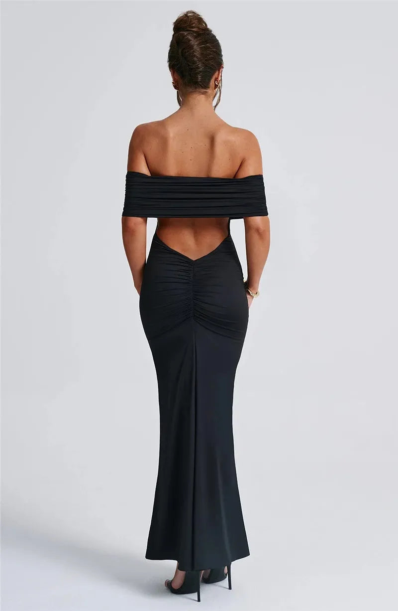 Strapless Backless Sexy Maxi Dress For Women Black Solid Off-shoulder Sleeveless Bodycon Club Party Long Dress Elegant