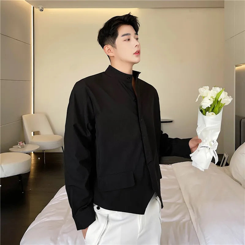 Men's Long Sleeved Shirts New Korean Fashion Solid Color Trend Double Pointed Hem Stand Collar Male Clothing Spring 9W1403