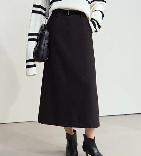 Minimalism Women's Elegant Commuter Skirts with Velvet Belt 2024 Winter Twill Fabric Warm Slit Straight Midi Skirt 12444183