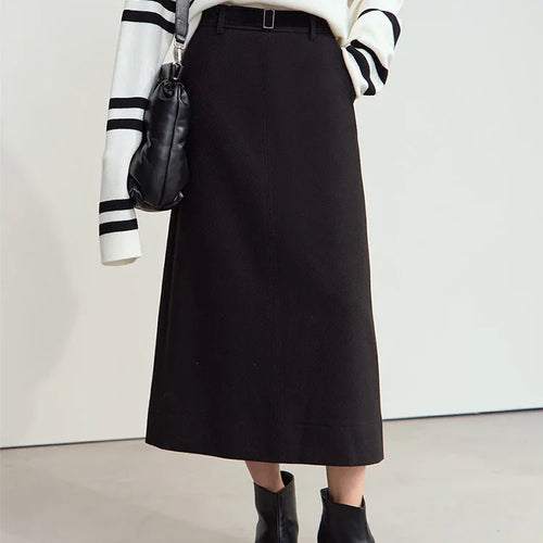 Load image into Gallery viewer, Minimalism Women's Elegant Commuter Skirts with Velvet Belt 2024 Winter Twill Fabric Warm Slit Straight Midi Skirt 12444183
