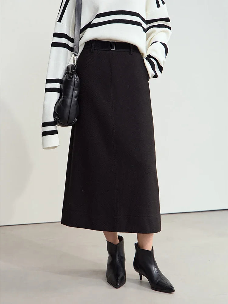 Minimalism Women's Elegant Commuter Skirts with Velvet Belt 2024 Winter Twill Fabric Warm Slit Straight Midi Skirt 12444183