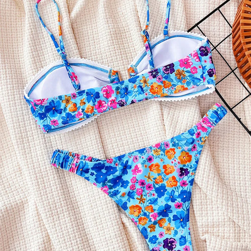 Load image into Gallery viewer, U Neck Floral Swimwear 2024 Bandeau Bikini Set Sexy Women Swimsuit Thong Biquini Brazilian Bathing Suit Beachwear
