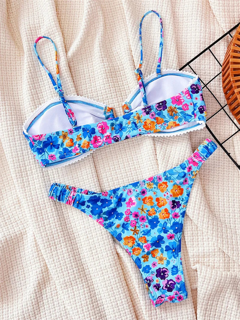 U Neck Floral Swimwear 2024 Bandeau Bikini Set Sexy Women Swimsuit Thong Biquini Brazilian Bathing Suit Beachwear