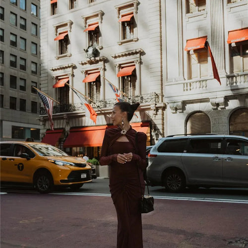 Load image into Gallery viewer, Hollow Out Long Sleeve Sexy Maxi Dress For Women Gown Autumn Winter New Metal Buckle Ruched Slit Long Dress Elegant
