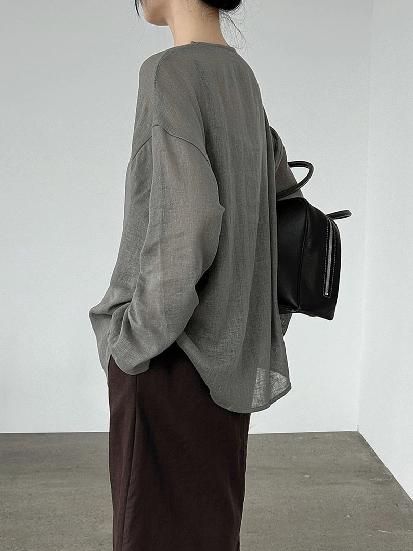 Women Gray Thin Casual Big Size Elegant Blouse New V-neck Long Sleeve Shirt Fashion Tide Spring Autumn 2025 1DJ1695