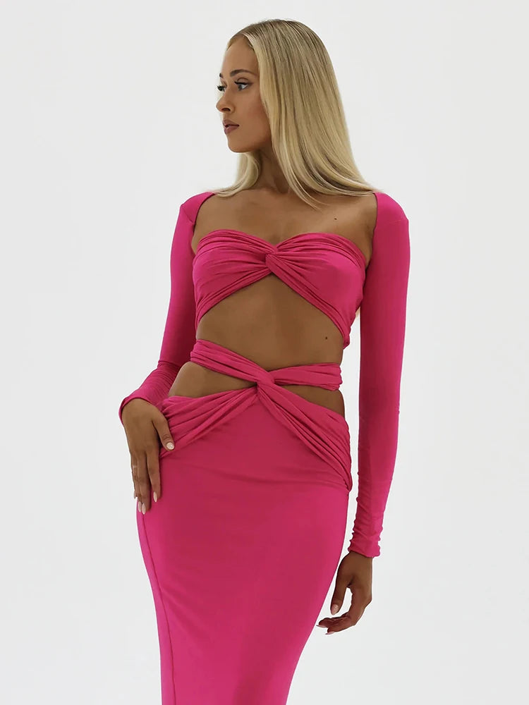 Strapless Hollow Out Spliced Tight Woman Dress Solid Preated Tight Feminine Maix Dress Elegant Prom Party Clothing 2023