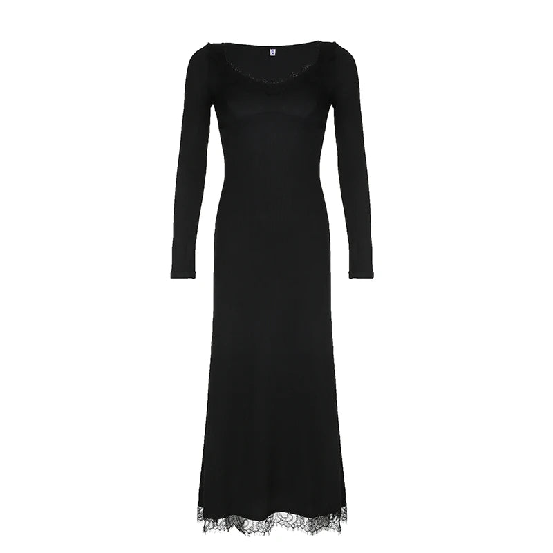 Korean Fashion Black Slim Knit Autumn Dress Female Basic Lace Spliced Solid Casual Long Dress Party Elegant Clothing