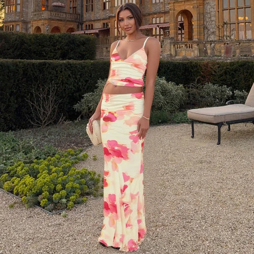 Load image into Gallery viewer, Print Sexy 2 Piece Sets Women Summer New V Neck Crop Tops And Maxi Skirt Female Elegant Club Party Slim Skirt Set
