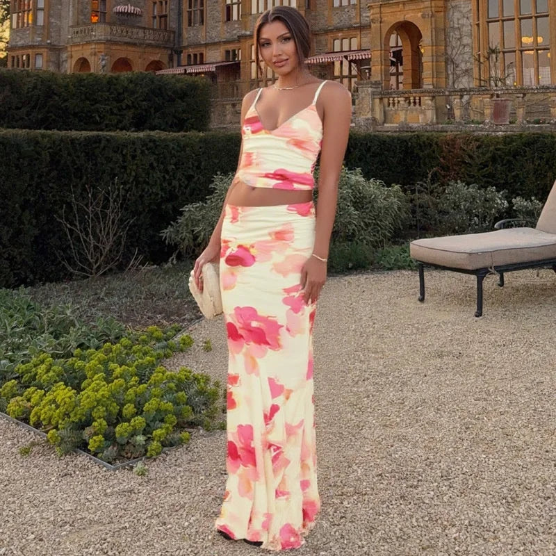 Print Sexy 2 Piece Sets Women Summer New V Neck Crop Tops And Maxi Skirt Female Elegant Club Party Slim Skirt Set