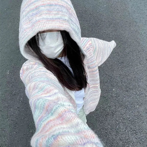 Load image into Gallery viewer, Japanese Y2k Rainbow Striped Kawaii Cardigans Women Autumn All Match Hooded Sweaters Loose Zipper Grunge Knitted Coat Pull Femme
