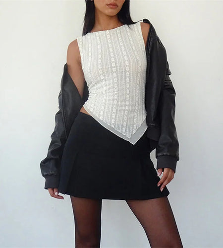 Tank Top y2k Clothes Women Sheer Floral Lace Round Neck Sleeveless Irregular Hem T Shirt 2000s Clothing Streetwear