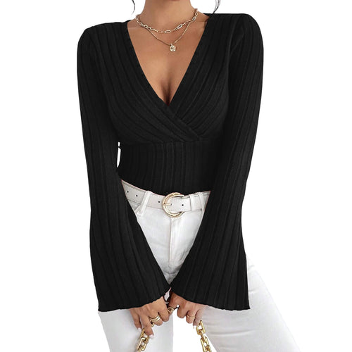 Load image into Gallery viewer, y2k Knitted T Shirts Sexy Women Clothes Solid Color Deep V Neck Flared Long Sleeve Ribbed Tops Clothing Club Streetwear
