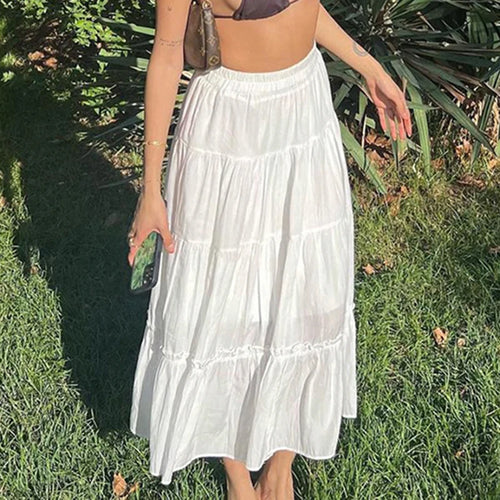 Load image into Gallery viewer, Streetwear White Loose Holidays Maxi Skirt Stitching Ruffles Ruched A-Line Summer Beach Women Skirt Long Sweet Bottom
