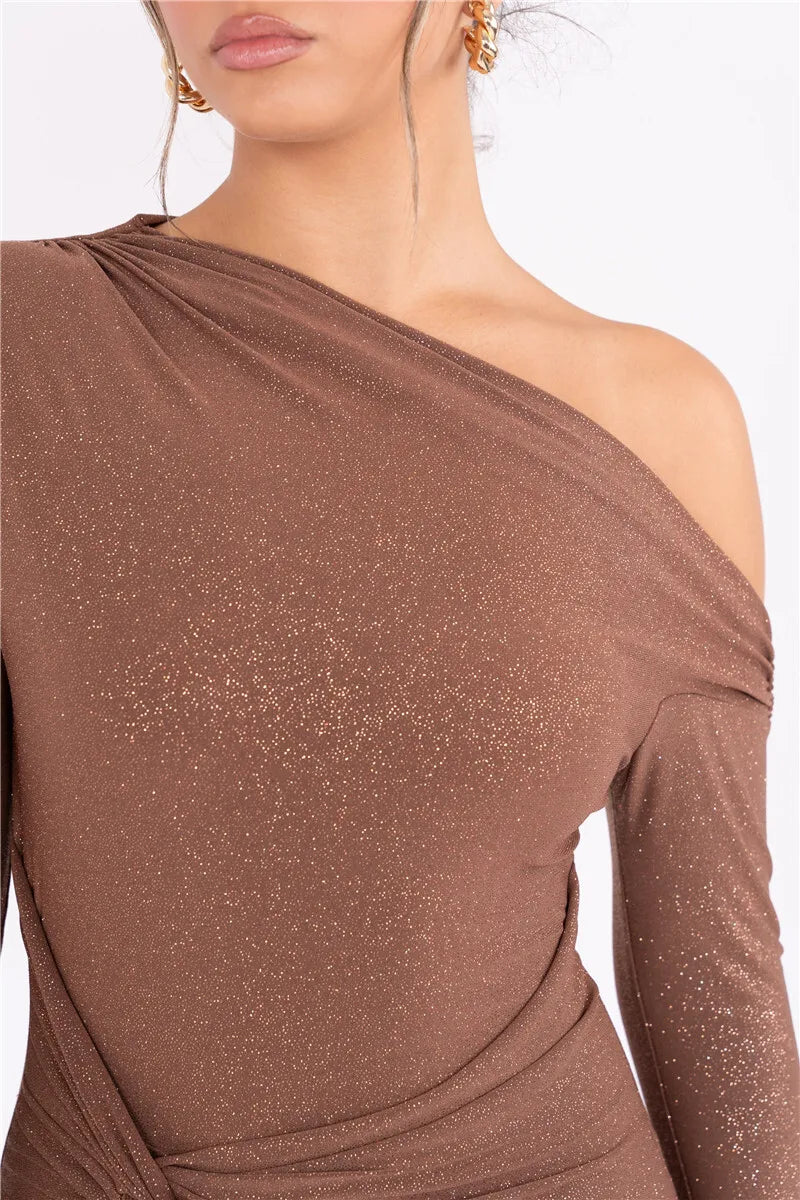 Sparkle Long Sleeve Sexy Maxi Dress For Women Inclined Shoulder Backless Bodycon Ruched Club Party Sexy Long Dress