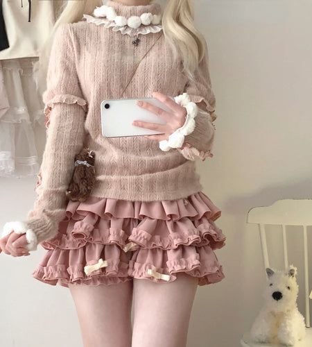 Sweet Ruffled Patchwork Turtleneck Pullover 2025 Women Y2k Aesthetic Knitted Kawaii Cute Jumper Harajuku Fairy Bow Loose Sweater
