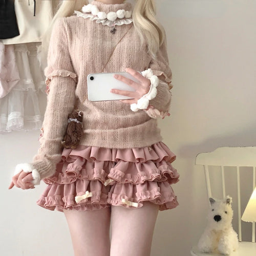 Load image into Gallery viewer, Sweet Ruffled Patchwork Turtleneck Pullover 2025 Women Y2k Aesthetic Knitted Kawaii Cute Jumper Harajuku Fairy Bow Loose Sweater
