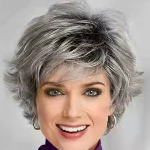 Load image into Gallery viewer, Synthetc Wigs for White Women Ombre Gray Short Hair Curly Wig with Bangs Layered Haircut Mommy Hairstyle Old Lady Wig
