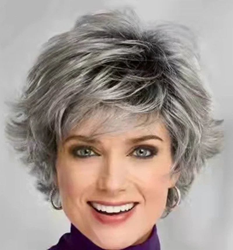 Synthetc Wigs for White Women Ombre Gray Short Hair Curly Wig with Bangs Layered Haircut Mommy Hairstyle Old Lady Wig