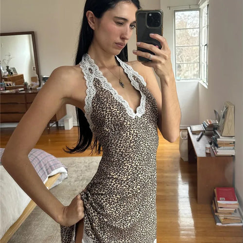 Load image into Gallery viewer, Leopard Print Backless Sexy Mini Dress For Woman Robe Contrast Color Halter Deep V Neck Sleeveless A-line Club Dress
