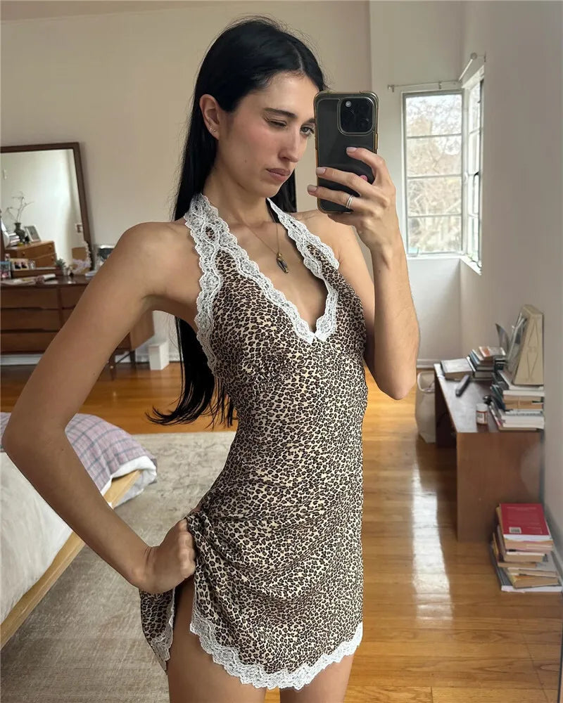 Leopard Print Backless Sexy Mini Dress For Woman Robe Contrast Color Halter Deep V Neck Sleeveless A-line Club Dress