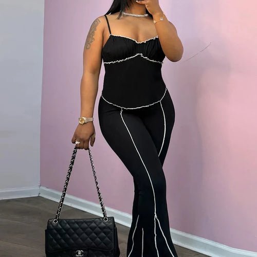 Load image into Gallery viewer, Simple Patchwork Stripe Women 2Piece Set Casual Ruched Edging Camisole+Flare Pants Matching Street Stretch Casual Outfits
