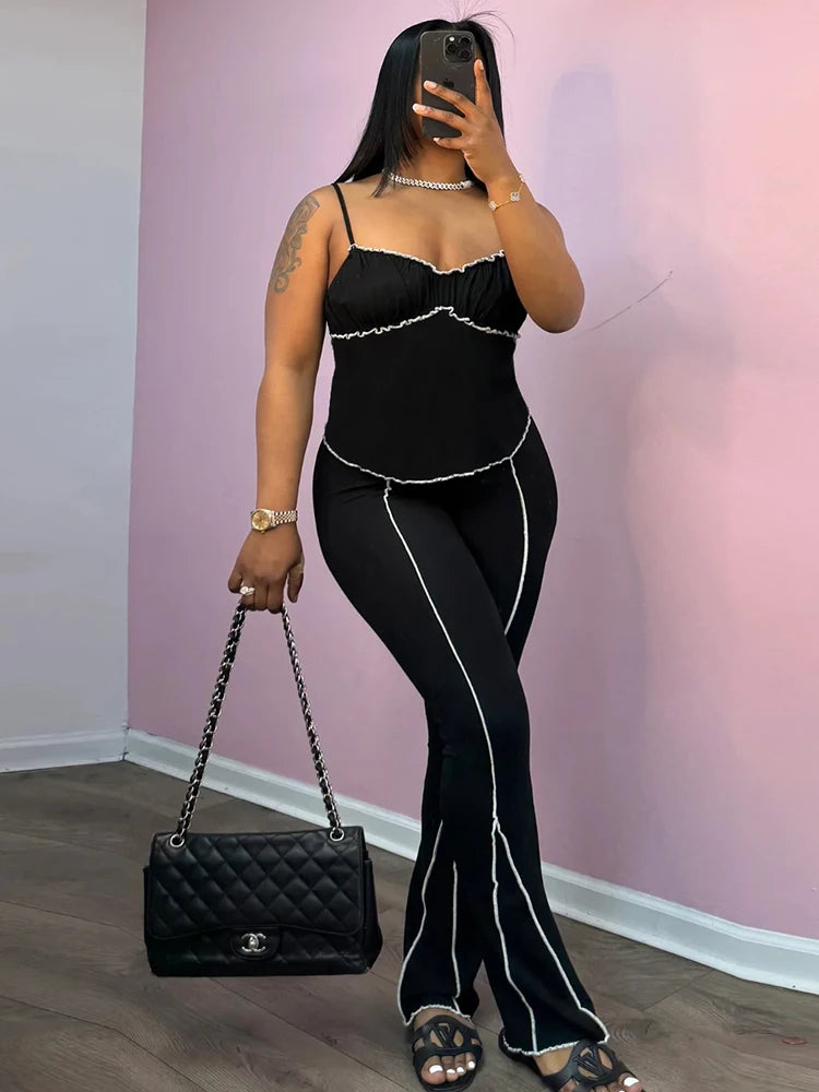 Simple Patchwork Stripe Women 2Piece Set Casual Ruched Edging Camisole+Flare Pants Matching Street Stretch Casual Outfits