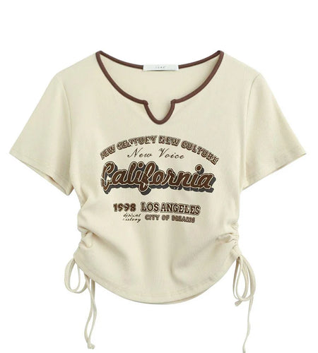 Drawstring Y2k T Shirt Women Letter Crop Top Americal Retro Short Sleeve Tees Korean Graphic Slim Summer Tshirts 2000s Clothes