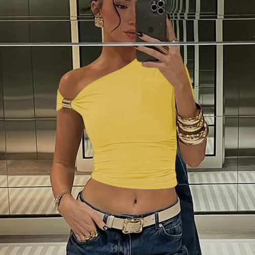 Load image into Gallery viewer, Skew Collar Short Sleeves Ruched Metal T-Shirt Women'S Solid Casual Elegant Y2K Tops Club Street Summer
