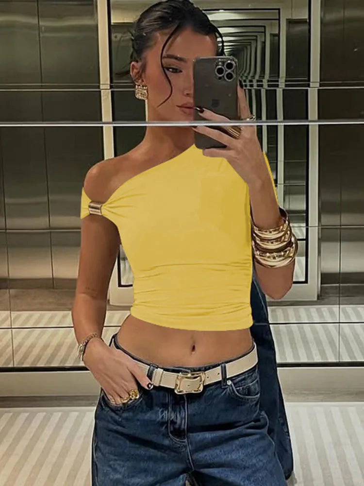 Skew Collar Short Sleeves Ruched Metal T-Shirt Women'S Solid Casual Elegant Y2K Tops Club Street Summer