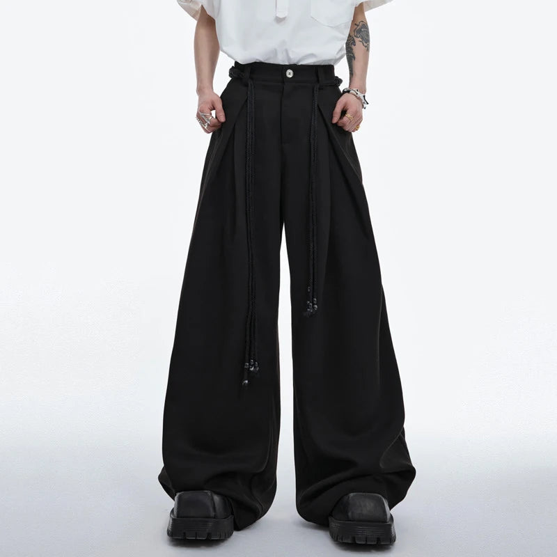 Strap Design Casual Pants Loose Straight Solid Color Lace-up Wide Leg Male Trousers Loose Simple Fashion 24E1288