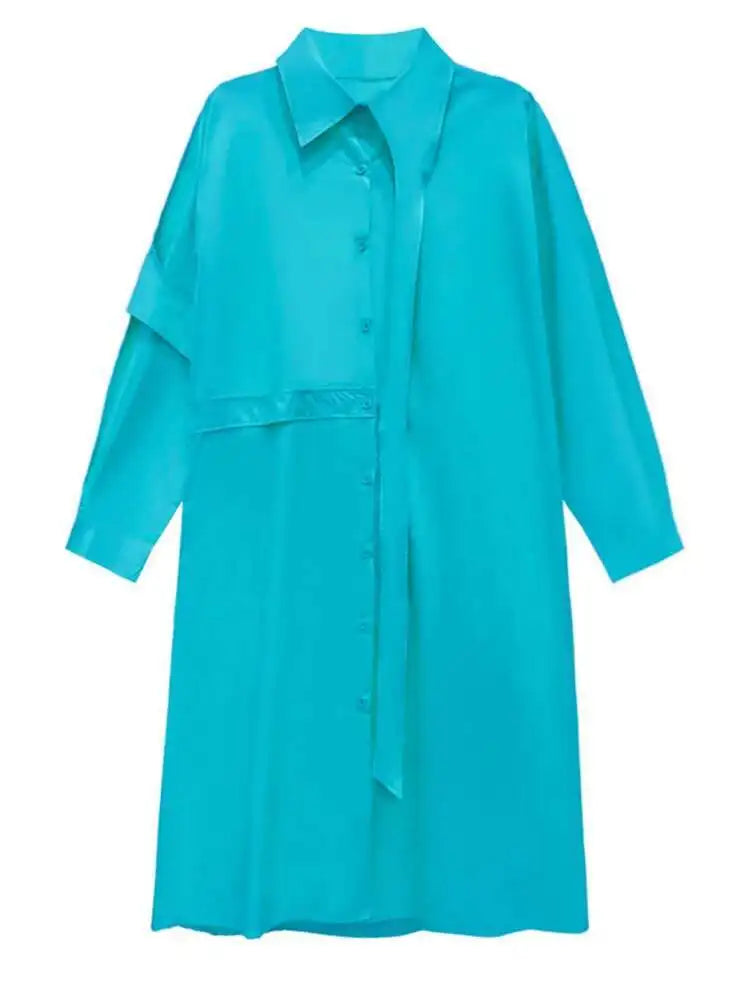 Women Purple Belted Big Size Irregular Midi Shirt Dress New Lapel Long Sleeve Fashion Tide Spring Autumn 2025 1DH5164