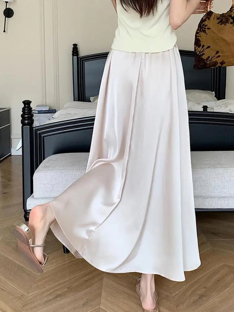 Korean Fashion Women's Elegant Sexy Pleated Long Skirt Spring Summer High Waist Vacation A-line Half Skirts 2025 Casual Ladies