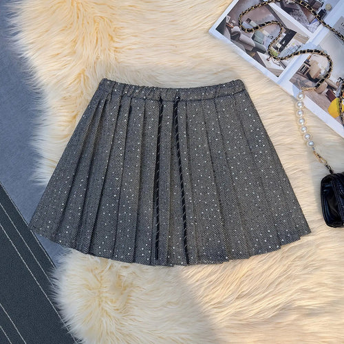 Load image into Gallery viewer, French Vintage Women Brown Sequin Elegant High Waist Versatile Short Skirt 2024 Autumn Winter Grey Pleated Half Mini Skirt Trend
