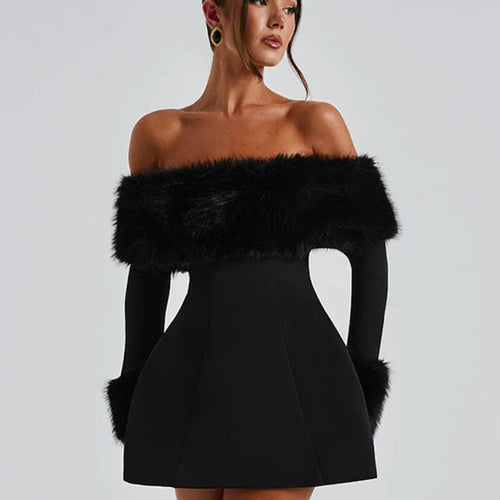 Load image into Gallery viewer, Feather Strapless Long Sleeve Sexy Mini Dress Women Fashion Off-shoulder Backless High Waist Club Party Dress Elegant
