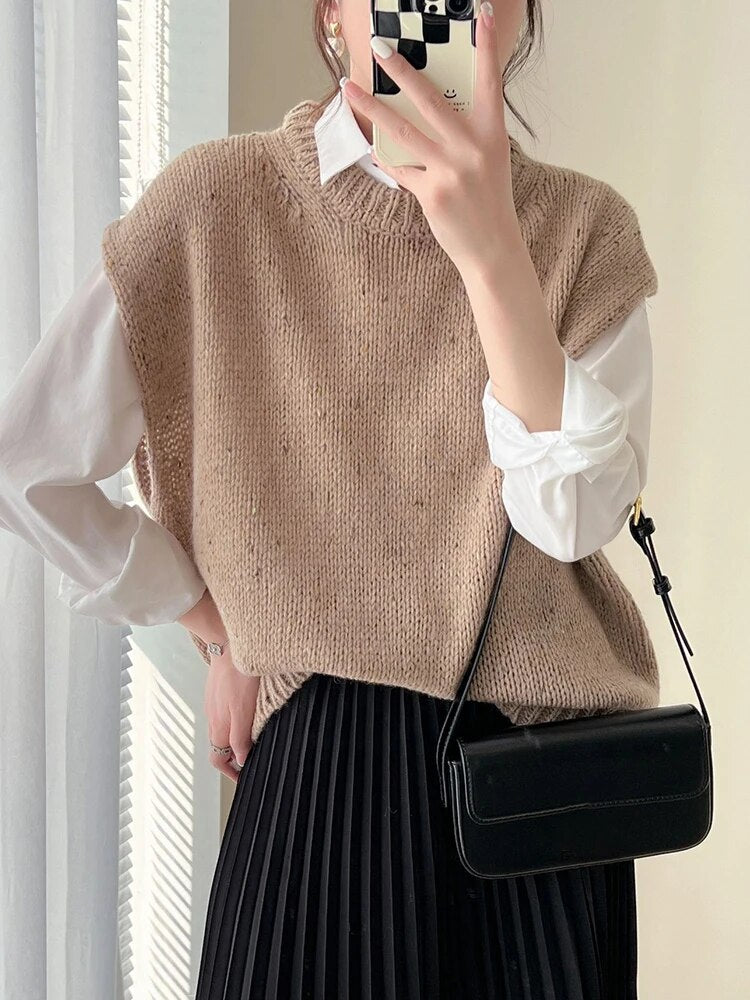 Knitting Sweater Vest Female Round Neck Sleeveless Casual Loose Minimalist Pullover Sweaters Tank Tops For Women