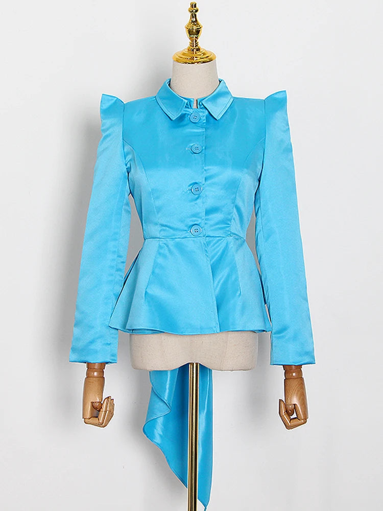 Irregular Blue Casual Jacket For Women Lapel Long Sleeve High Waist Solid Coat Female 2023 Autumn Fashion New Clothing New