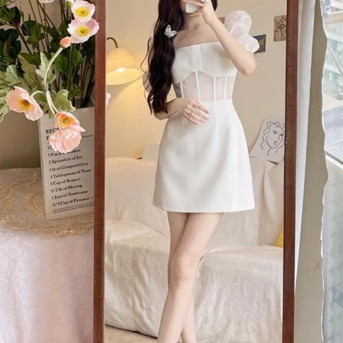 Load image into Gallery viewer, Sexy Lace Mesh White Dress Women Summer Elegant Evening Party Puff Sleeve Short Dresses Sundress Square Collar
