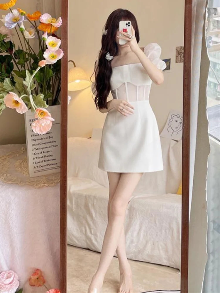 Sexy Lace Mesh White Dress Women Summer Elegant Evening Party Puff Sleeve Short Dresses Sundress Square Collar