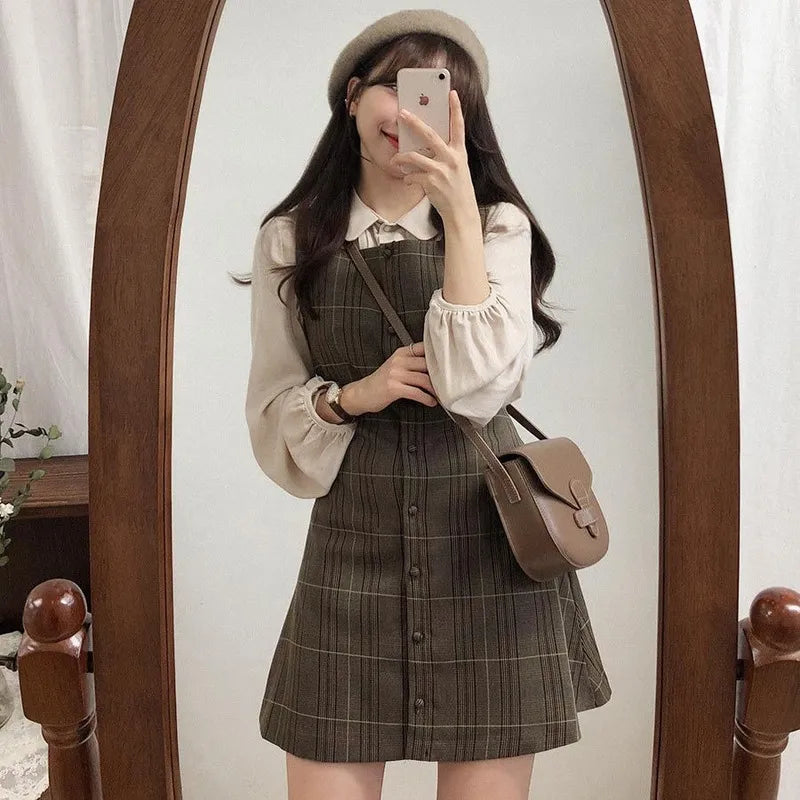 Soft Girl Kawaii Mini Dress Women Vintage Plaid Japanese Style Design Retro Button Short Dresses Casual Korean Chic